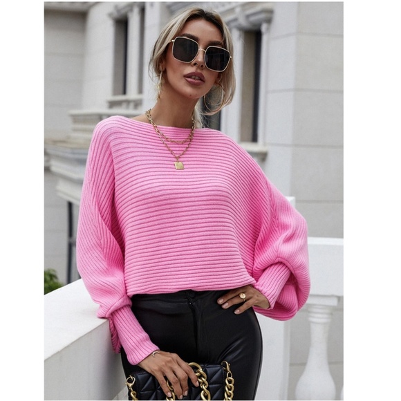 Pink Boat Neck Batwing Oversized Sleeves Knit Sweater - Picture 4 of 9
